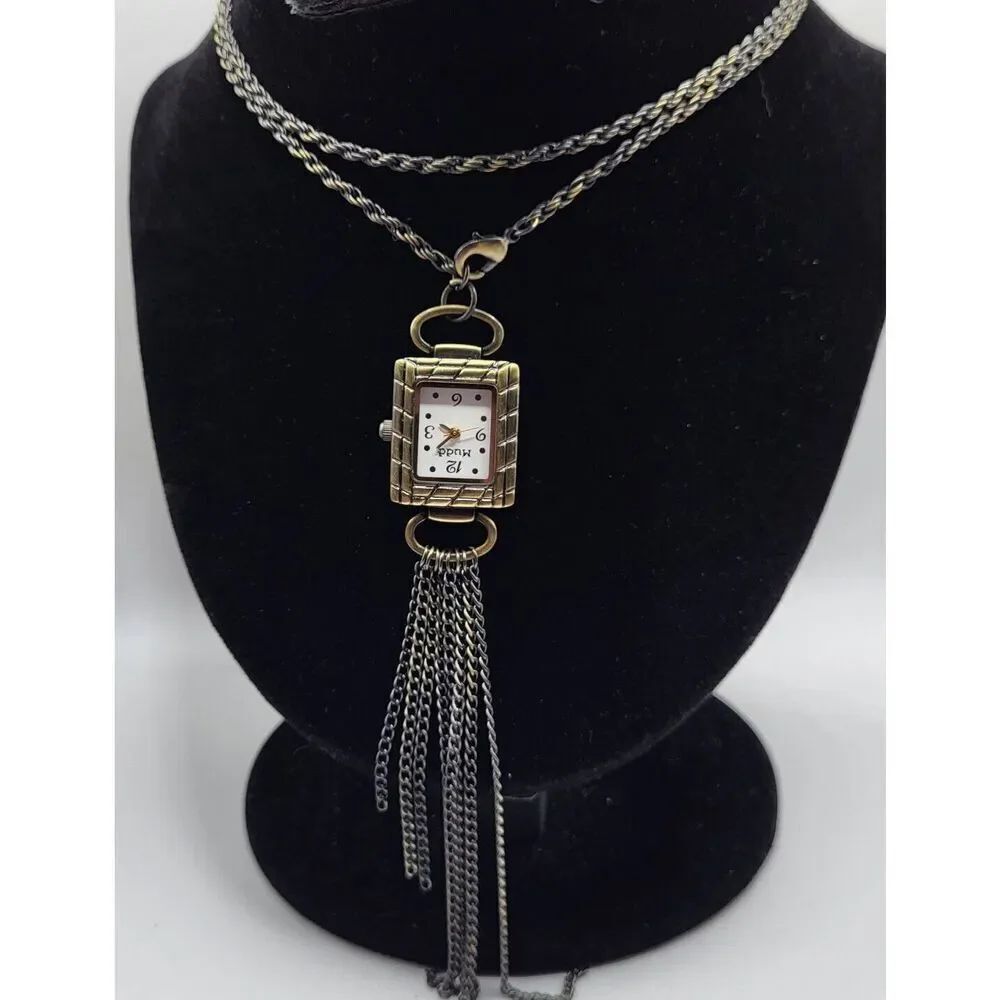 Vintage Mudd Square Pocketwatch Style Necklace with Fringe Base 28 in